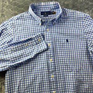 Ralph Lauren Button Down Shirt Mens XL Blue White Gingham Classic Fit Stretch